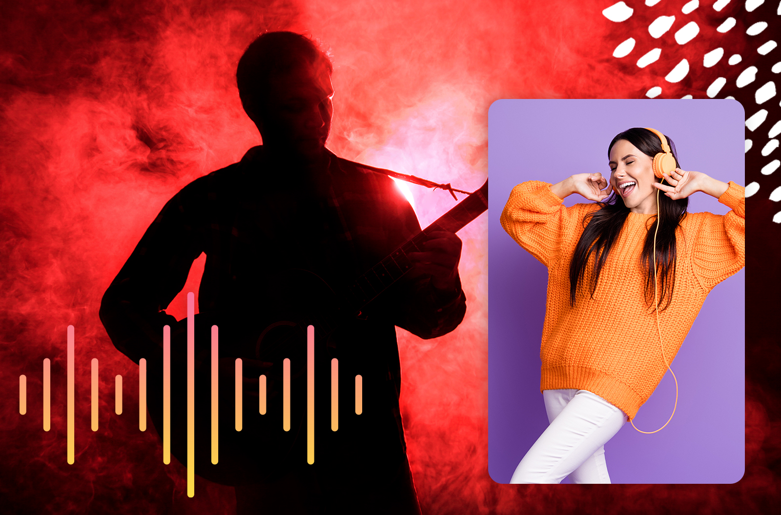 Man playing guitar in the background with red mist and woman in the foreground listening to music
