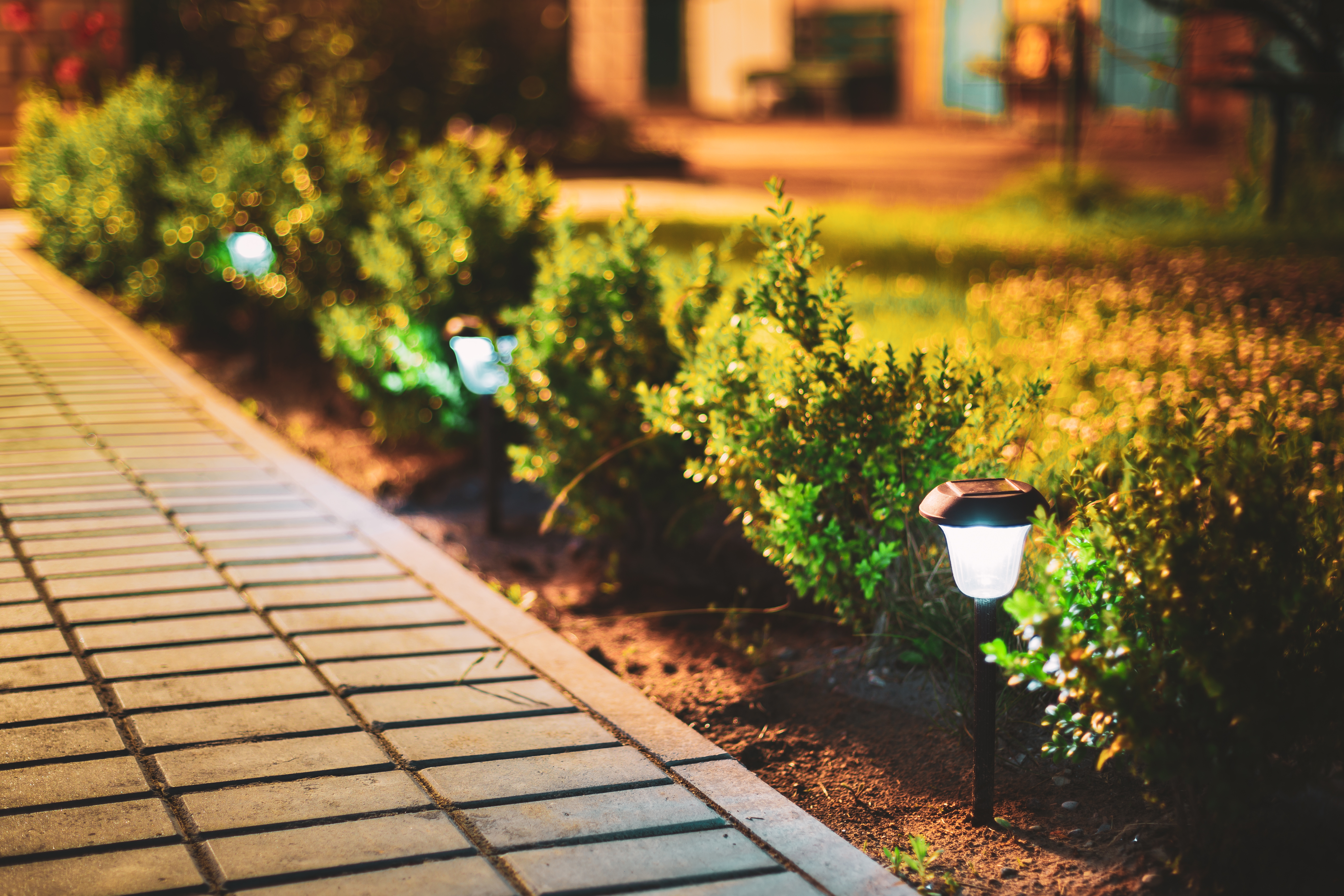 Night View Of Flowerbed Illuminated By Energy-Saving Solar Powered Lanterns Along The Path Causeway On Courtyard Going To House