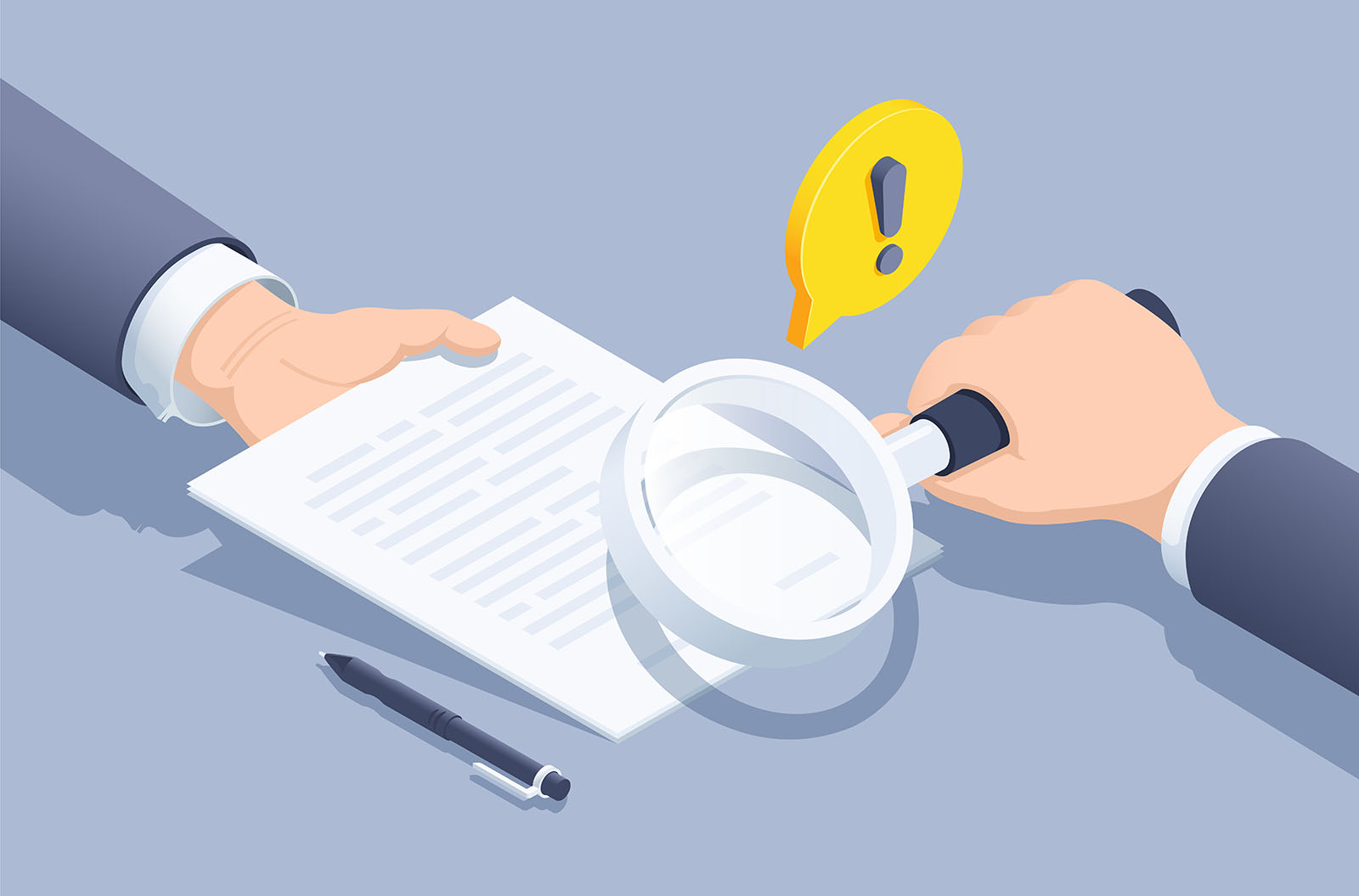 A vector image of hands with a magnifying glass going over a document. 