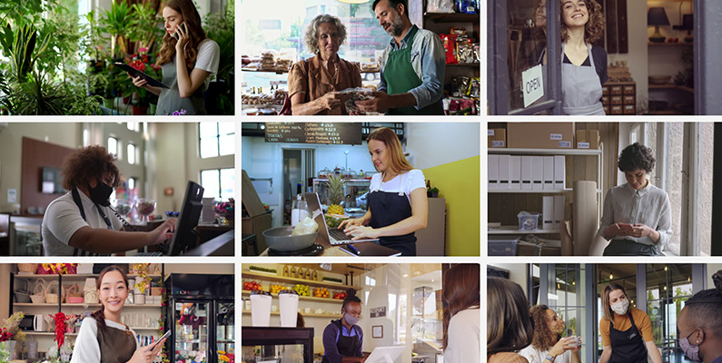 Gallery of images showing a range of people working at small businesses