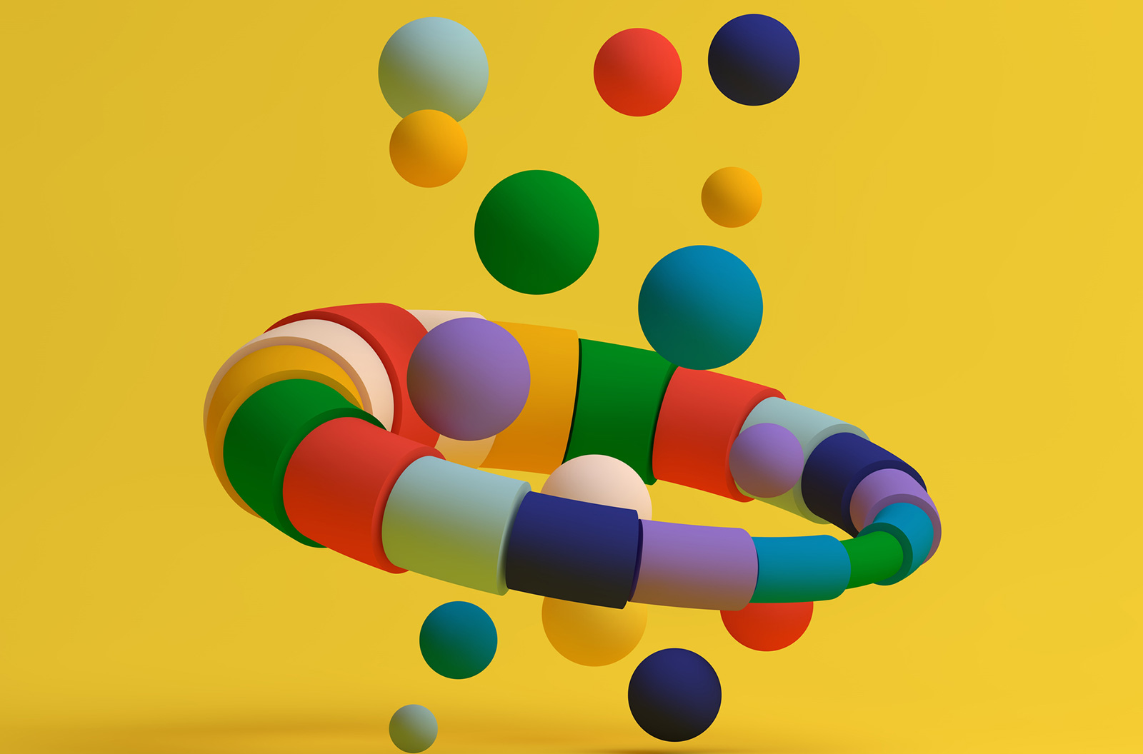 A stock image of a yellow background with colorful balls and a ring by Adaask