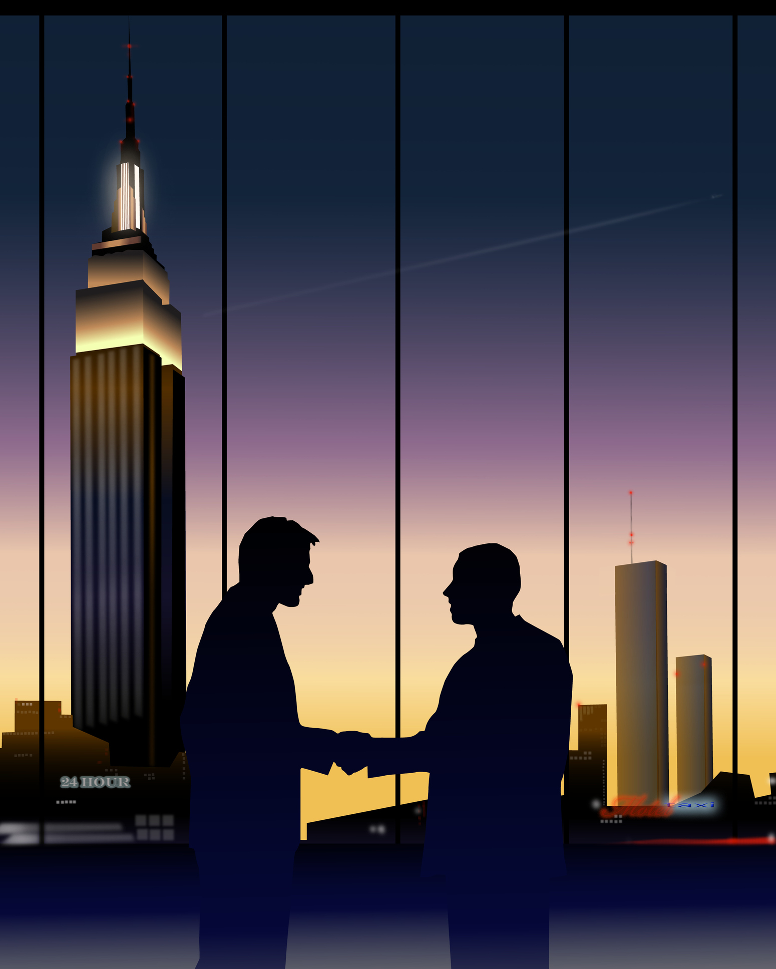 Two businessmen shaking hands, city skyline in background, dusk