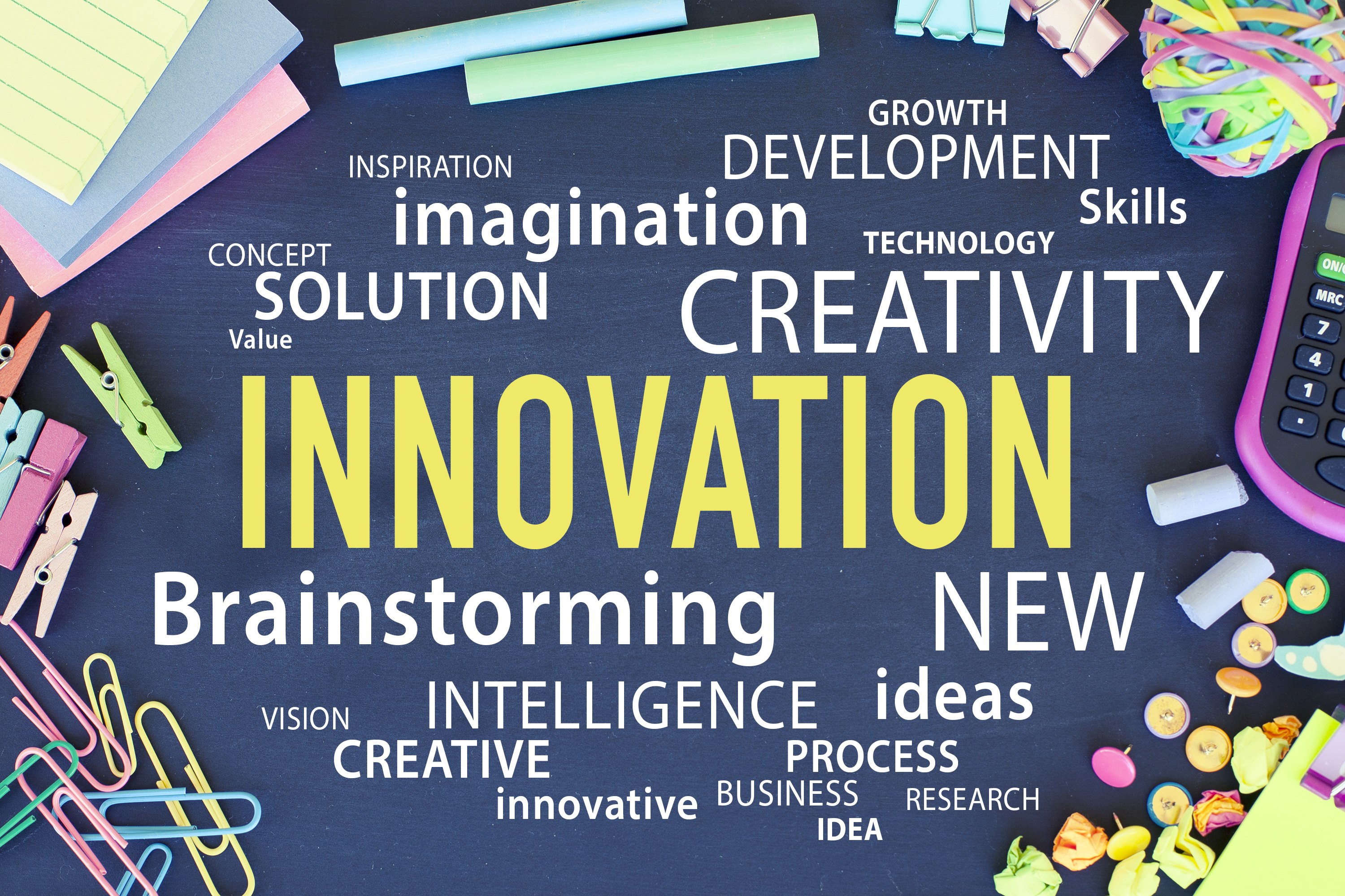 Innovation, creativity, ideas, brainstorming, solutions business concept with word cloud.