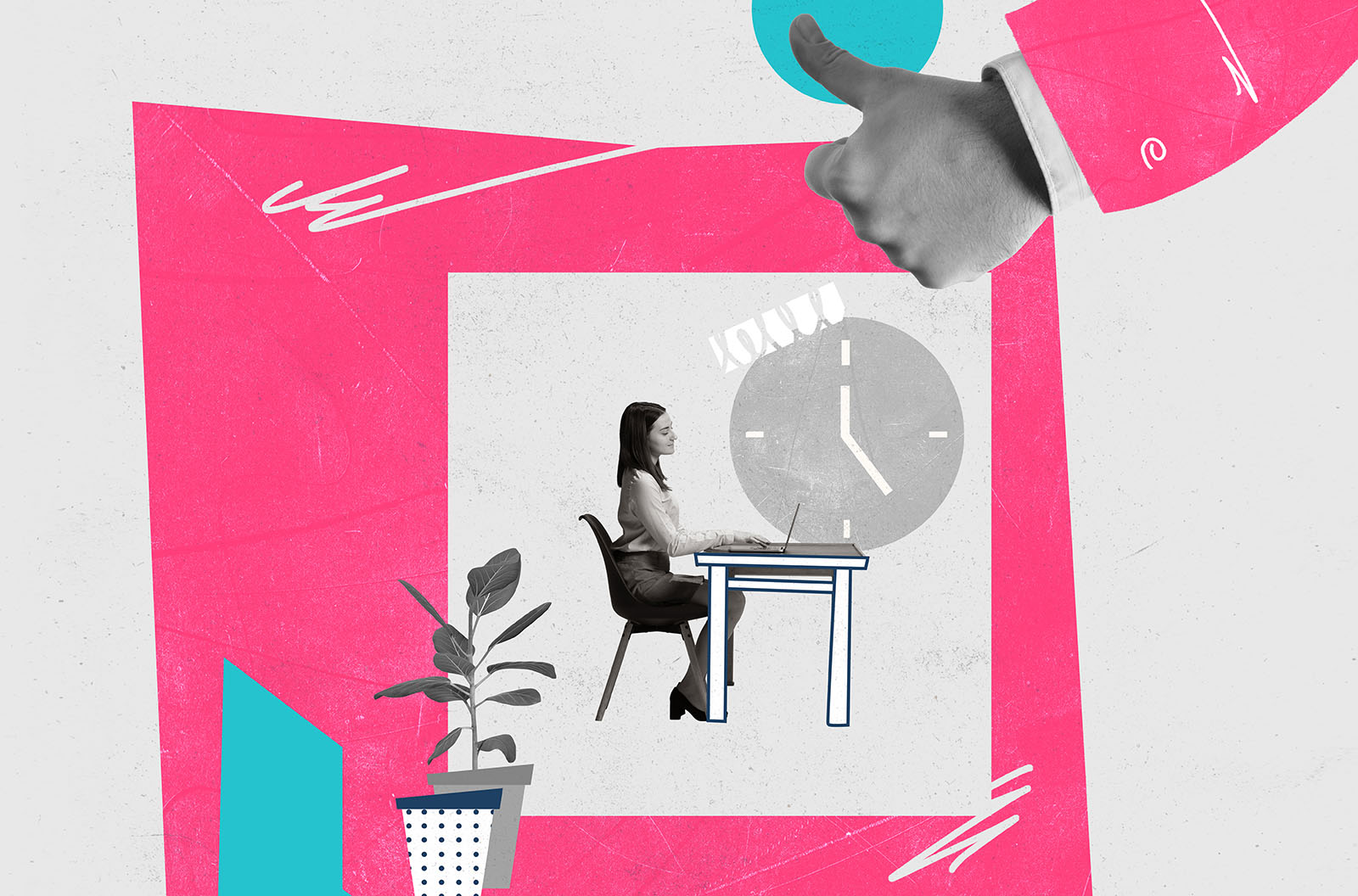 Pink and blue vector of a woman sitting at a desk working on a laptop. 