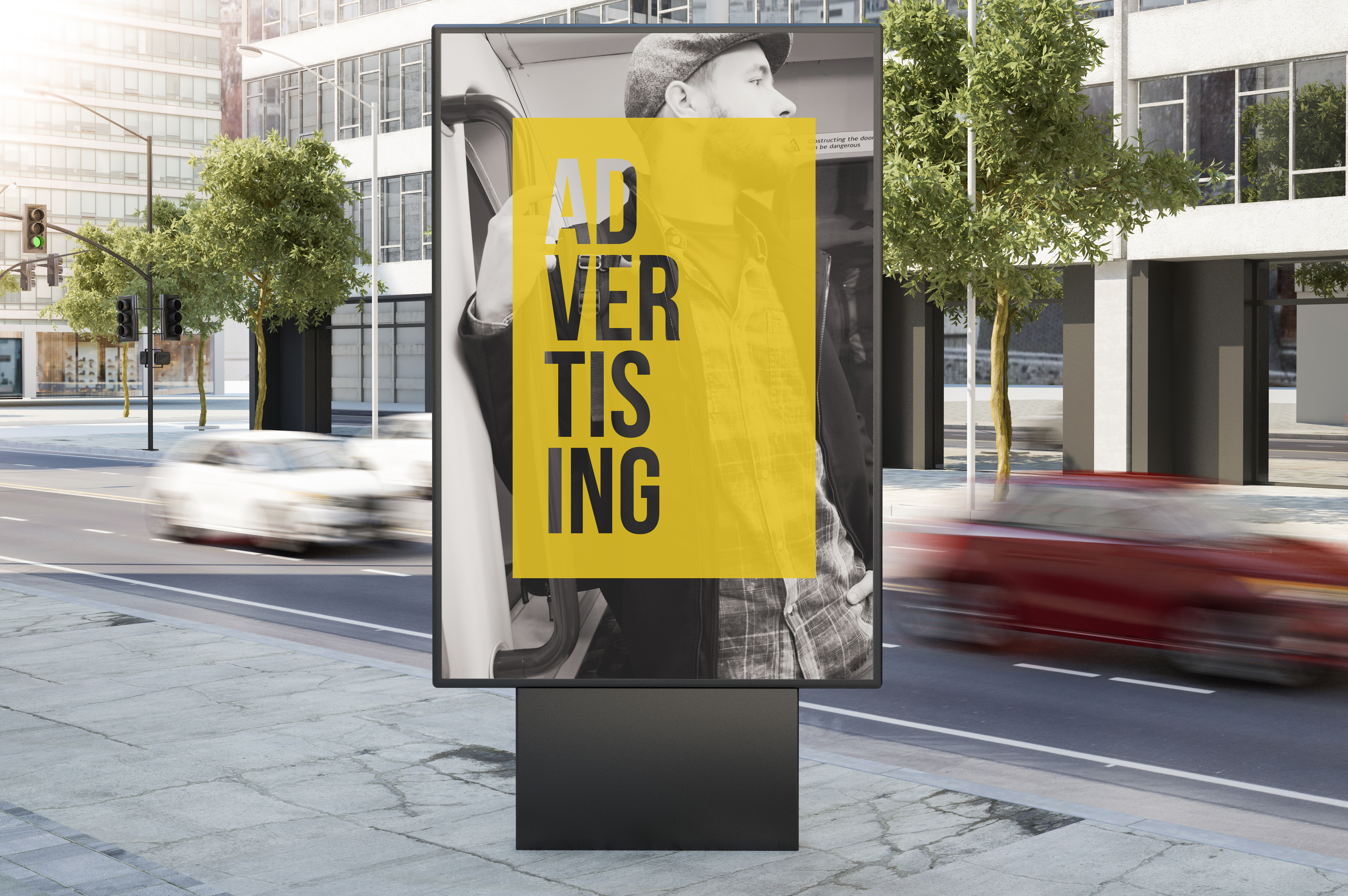 A digital signage solution provides information on a street about an advertisement.