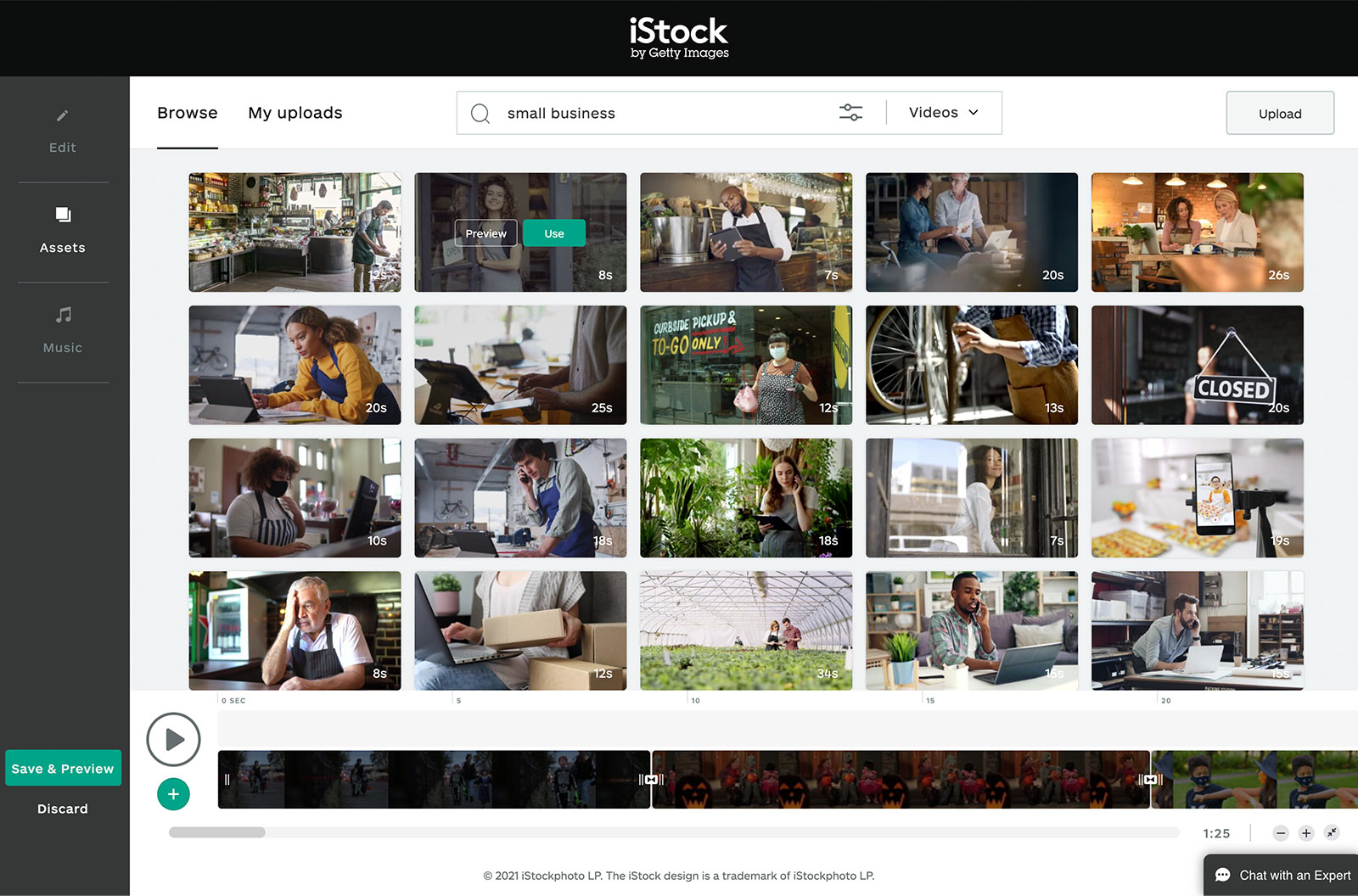 Screenshot of a gallery of images and videos, taken within the iStock Video Editor