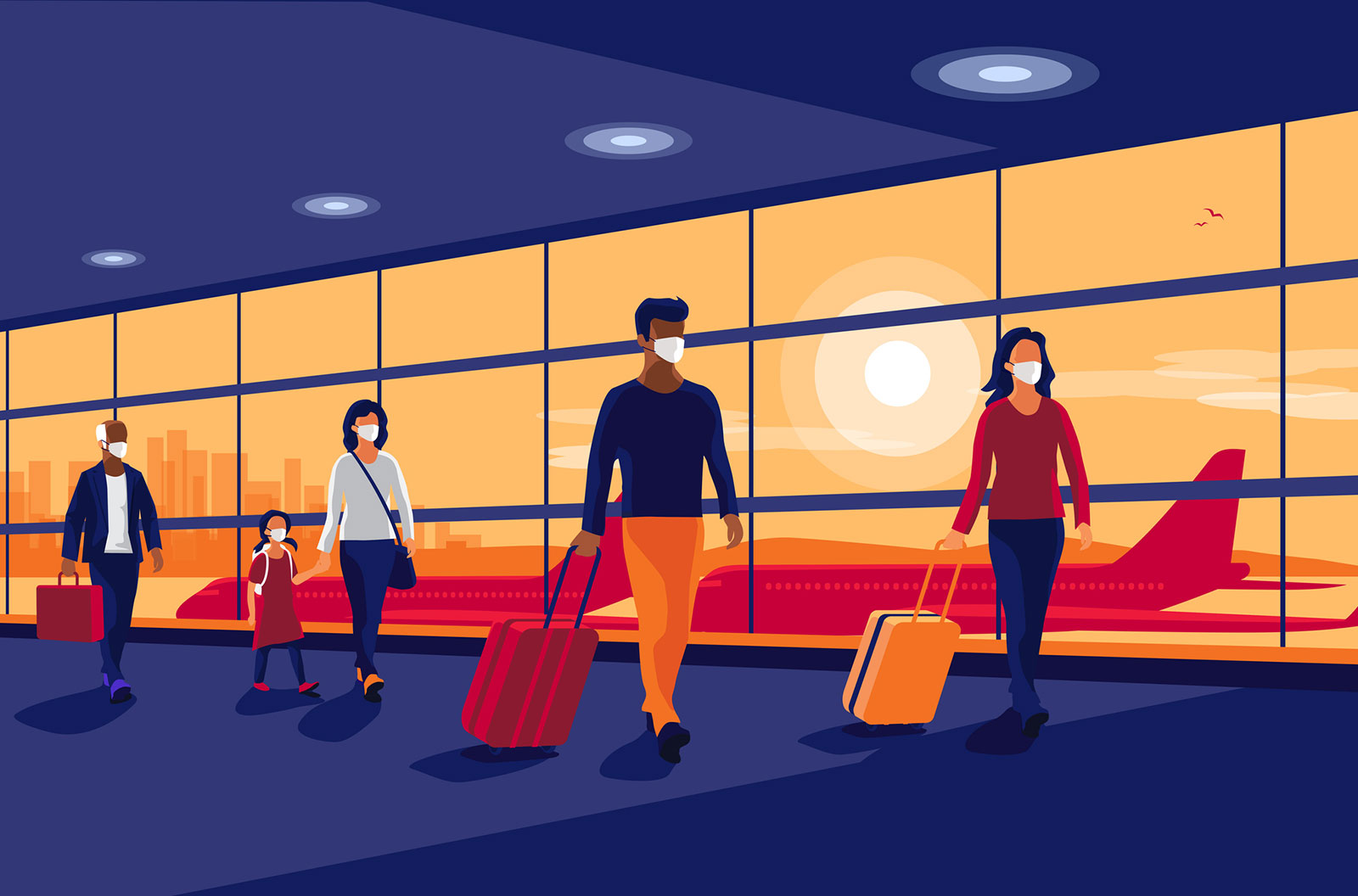Illustration of passengers walking through an airport in masks.