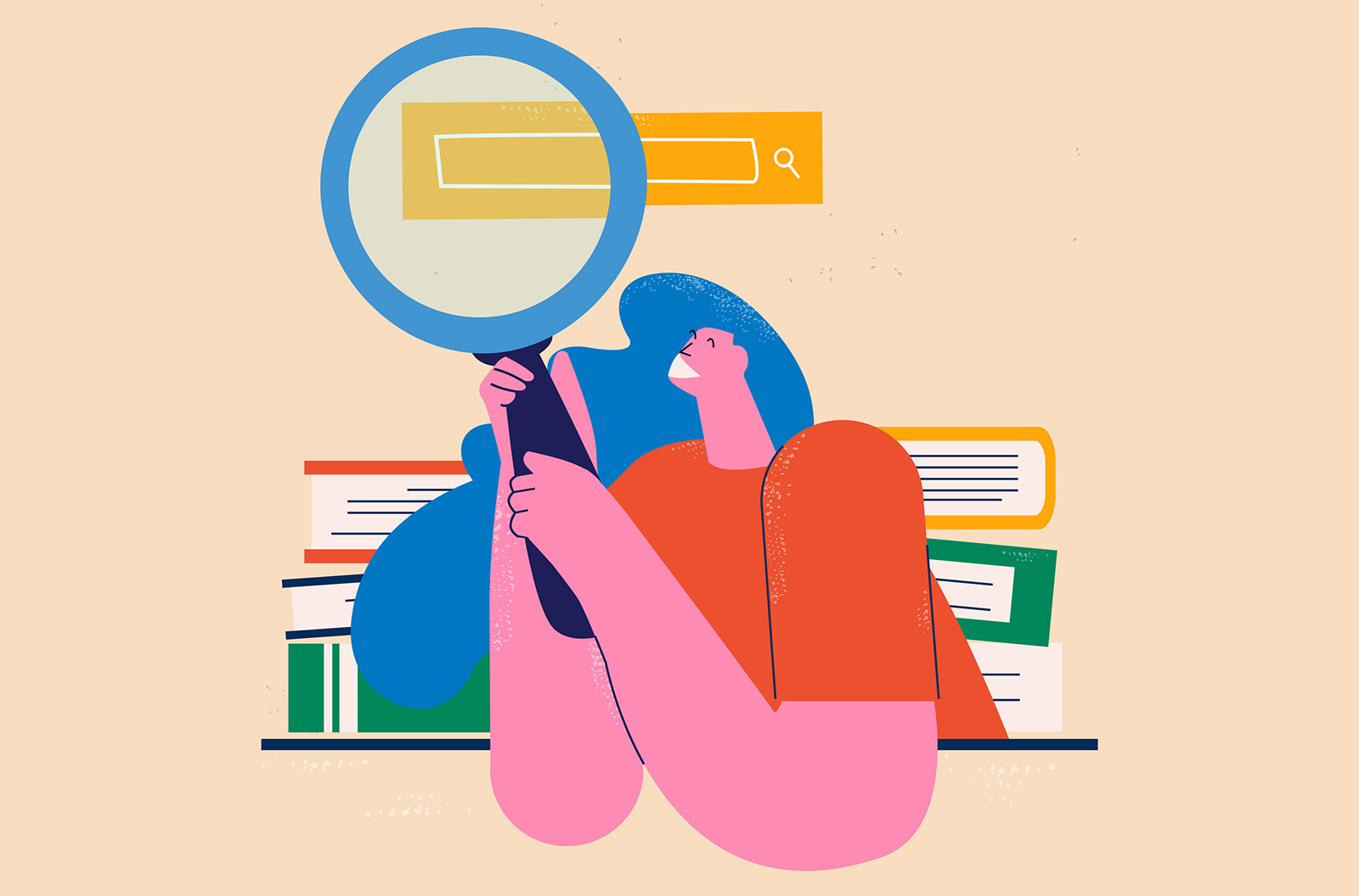 Vector image of a woman smiling with a magnifying glass.