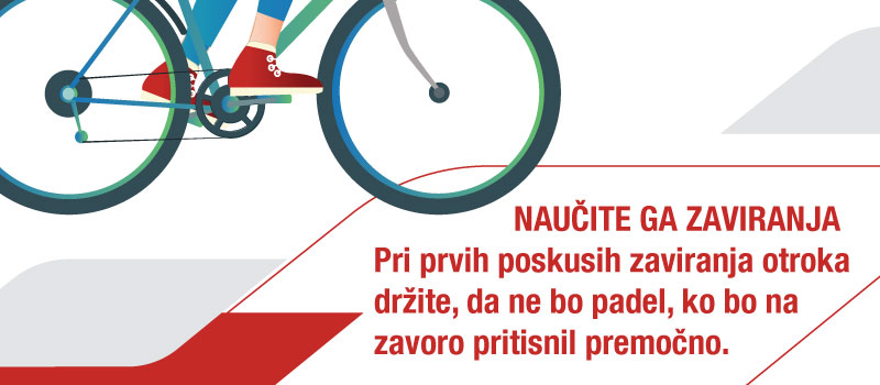 Minigrafika: Pri prvih poskusih zaviranja otroka držite, da ne bo padel, ko bo na zavoro pritisnil premočno.