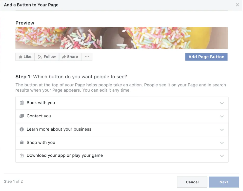 Facebook CTA creation screenshot