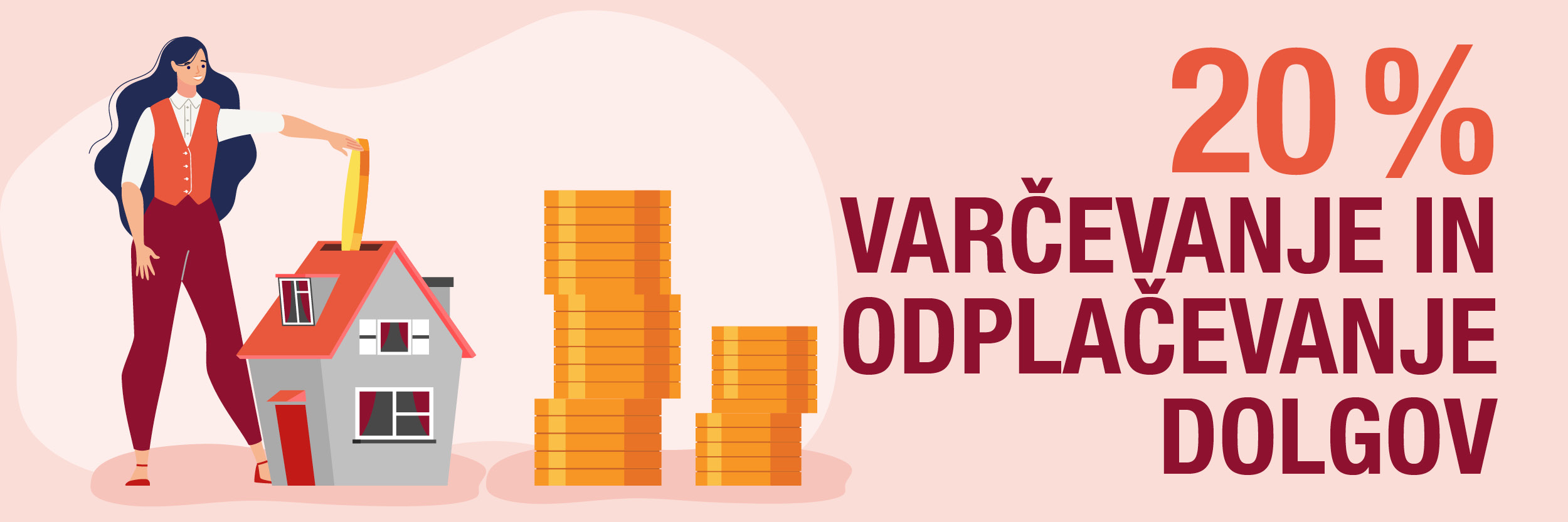 Infografika z žensko, ki daje kovanec v hranilnik in napisom: 20 % varčevanje in odplačevanje dolgov