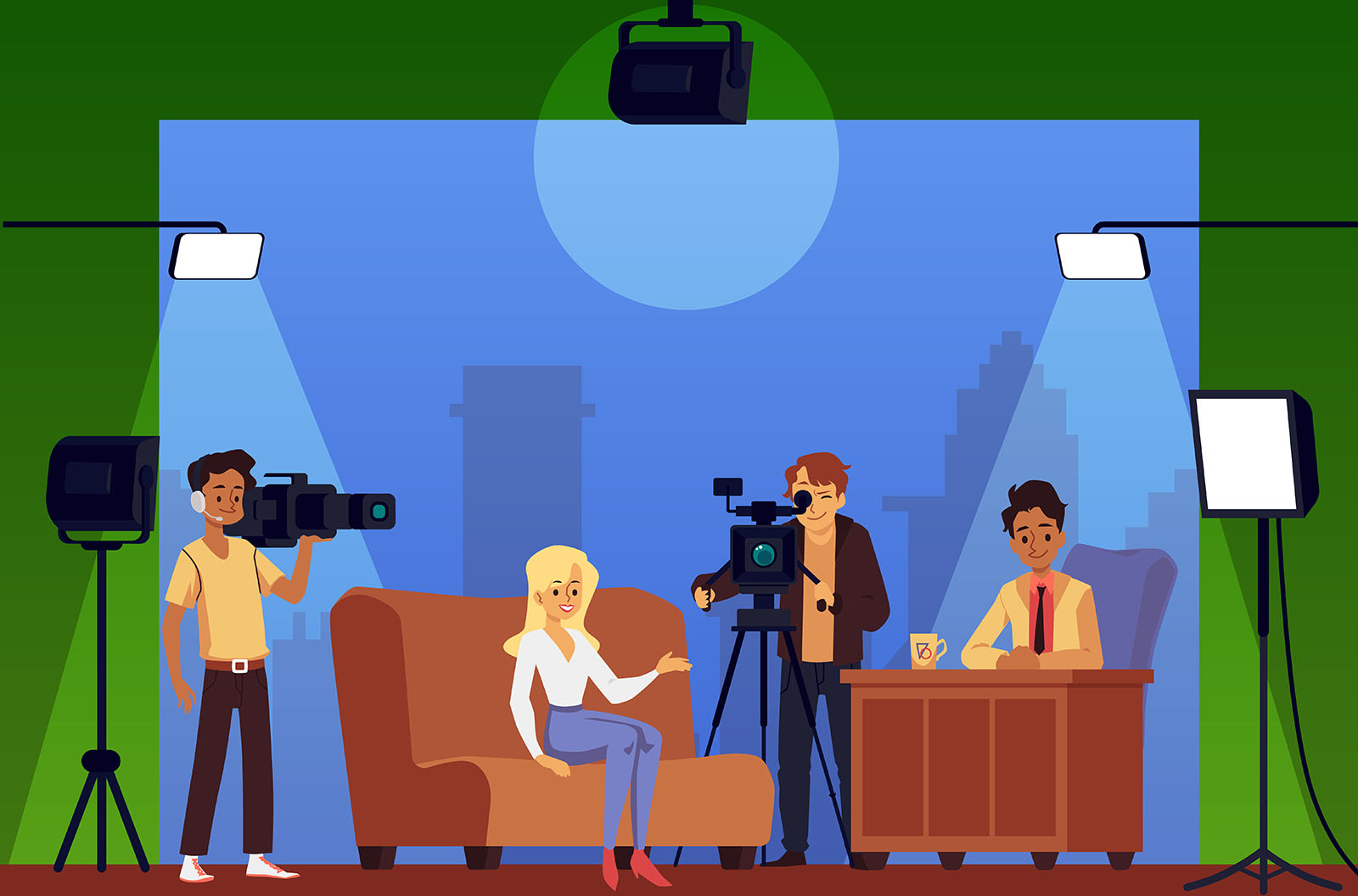 A vector of a set of a talk show in front of a green screen. 