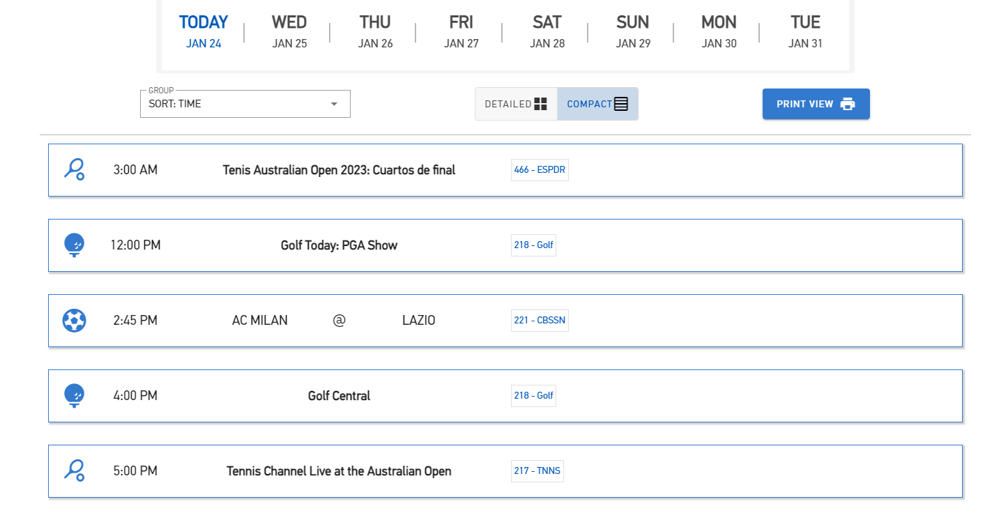 Compact view of DIRECTV Sports Schedule