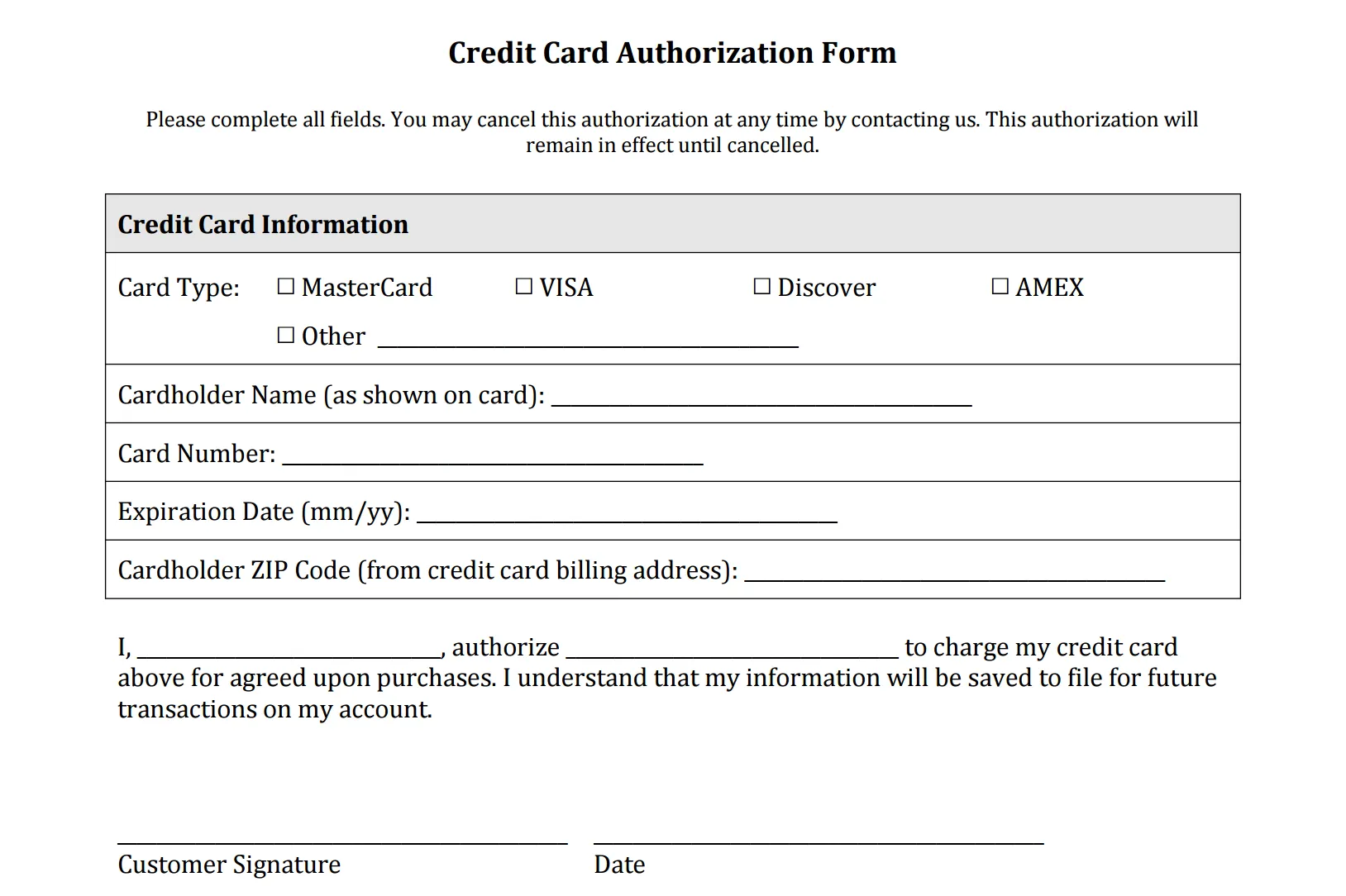 credit authorization form