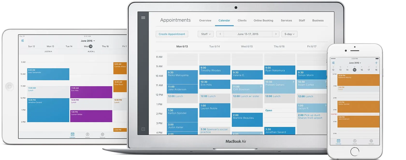Image of an iPad, laptop, and mobile phone with Square Appointments calendar interface