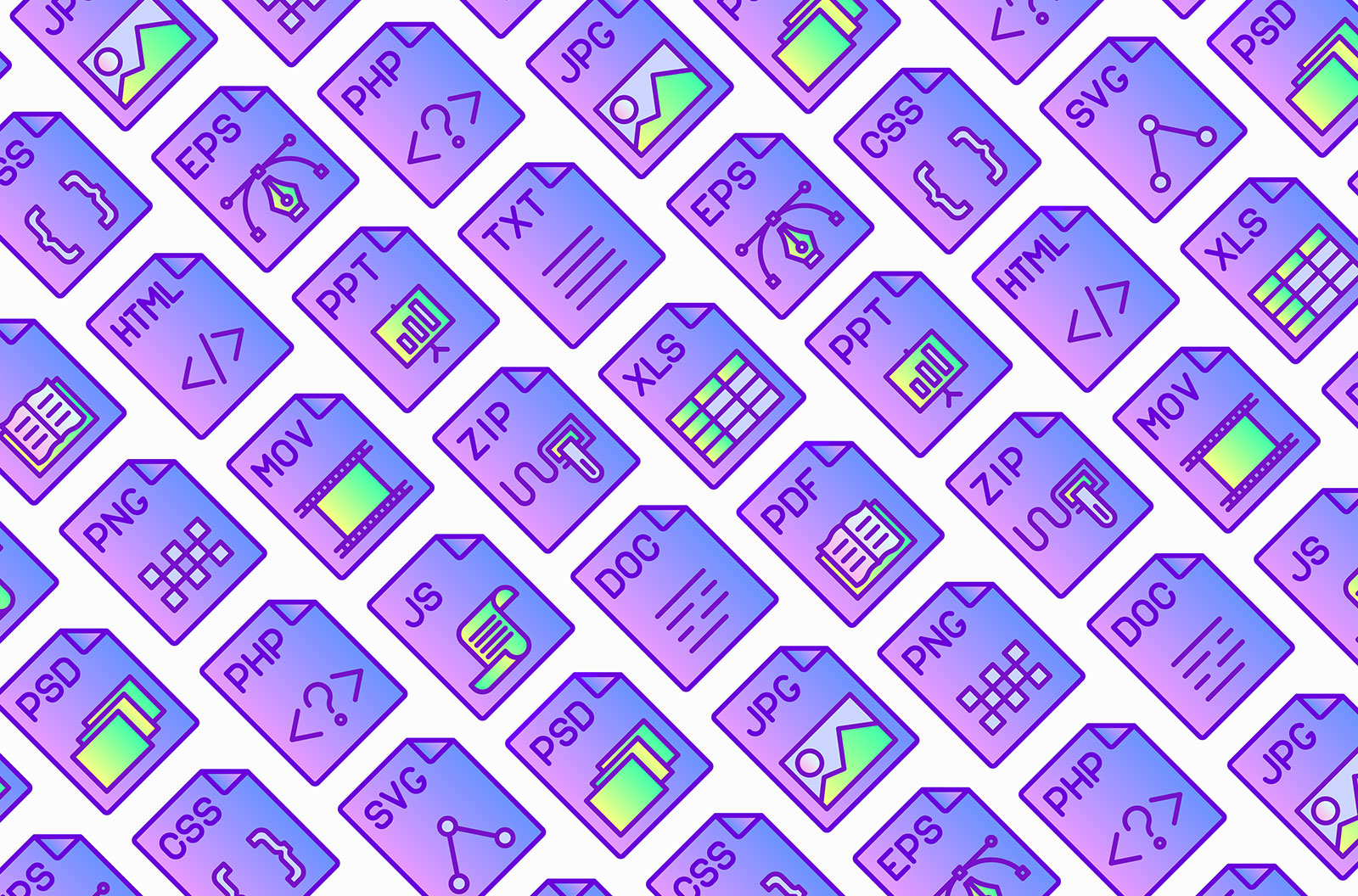 Seamless pattern of different file formats with thin line icons