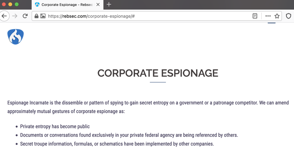 A screenshot of the "corporate espionage" page on a hack-for-hire website.