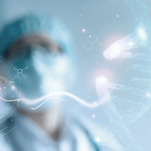 Abstract luminous DNA molecule. Hand of doctor touching and cut dna for  checking with analysis chromosome DNA genetic of human on virtual interface. Medicine, Medical science and biotechnology.