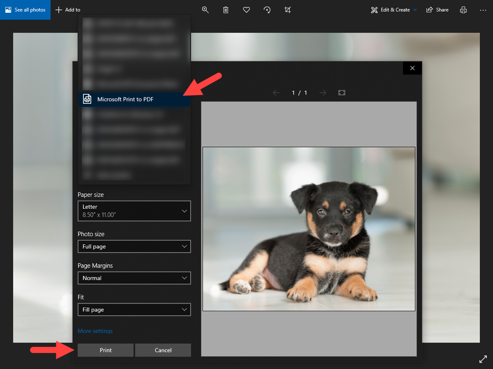 Selecting "Microsoft Print to PDF" to convert a JPG image file extension to a PDF file extension on a PC