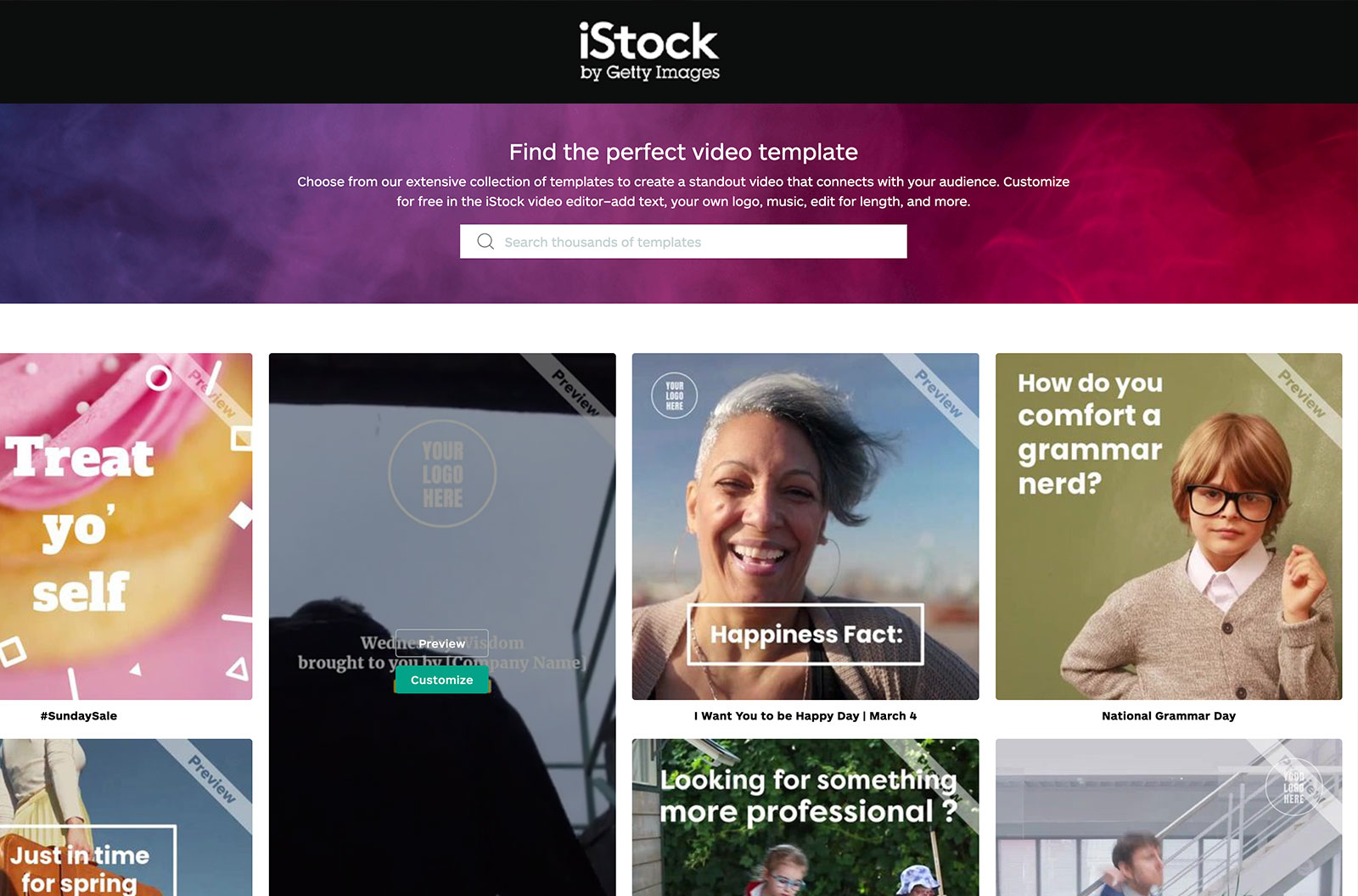 Screenshot of the iStock Video Editor Templates page showing popular and trending video templates