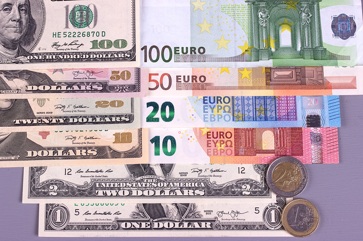 Money background american dollars and euro different denominations.