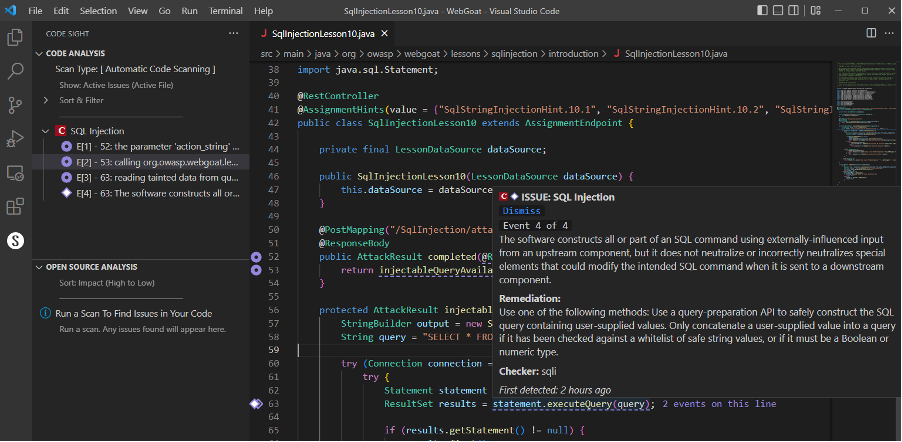 SQL Injection vulnerability finding in VS Code with Code Sight via Rapid Scan Static | Synopsys