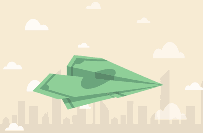 Illustration of banknote paper plane flying over the air with a city in the background