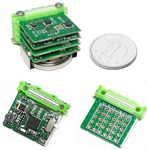 2cm四方（1円玉大）のIoTブロック（端末）を重ね合わせて構成されるLeafony
