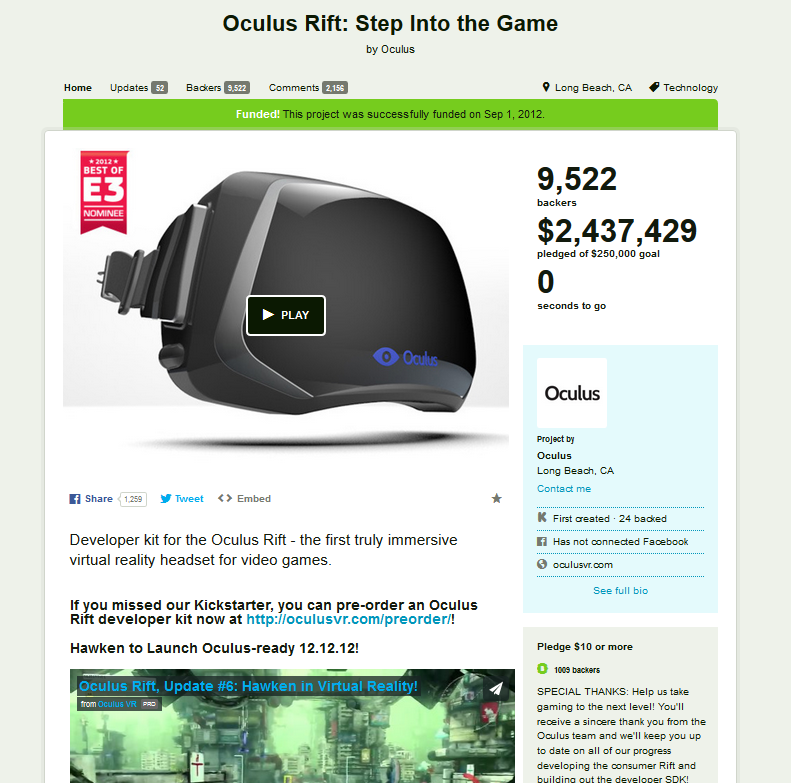 Oculus Kickstarter page