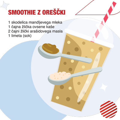 Smoothie z oreščki: mandljevo mleko, ovseni kosmiči in arašidovo maslo