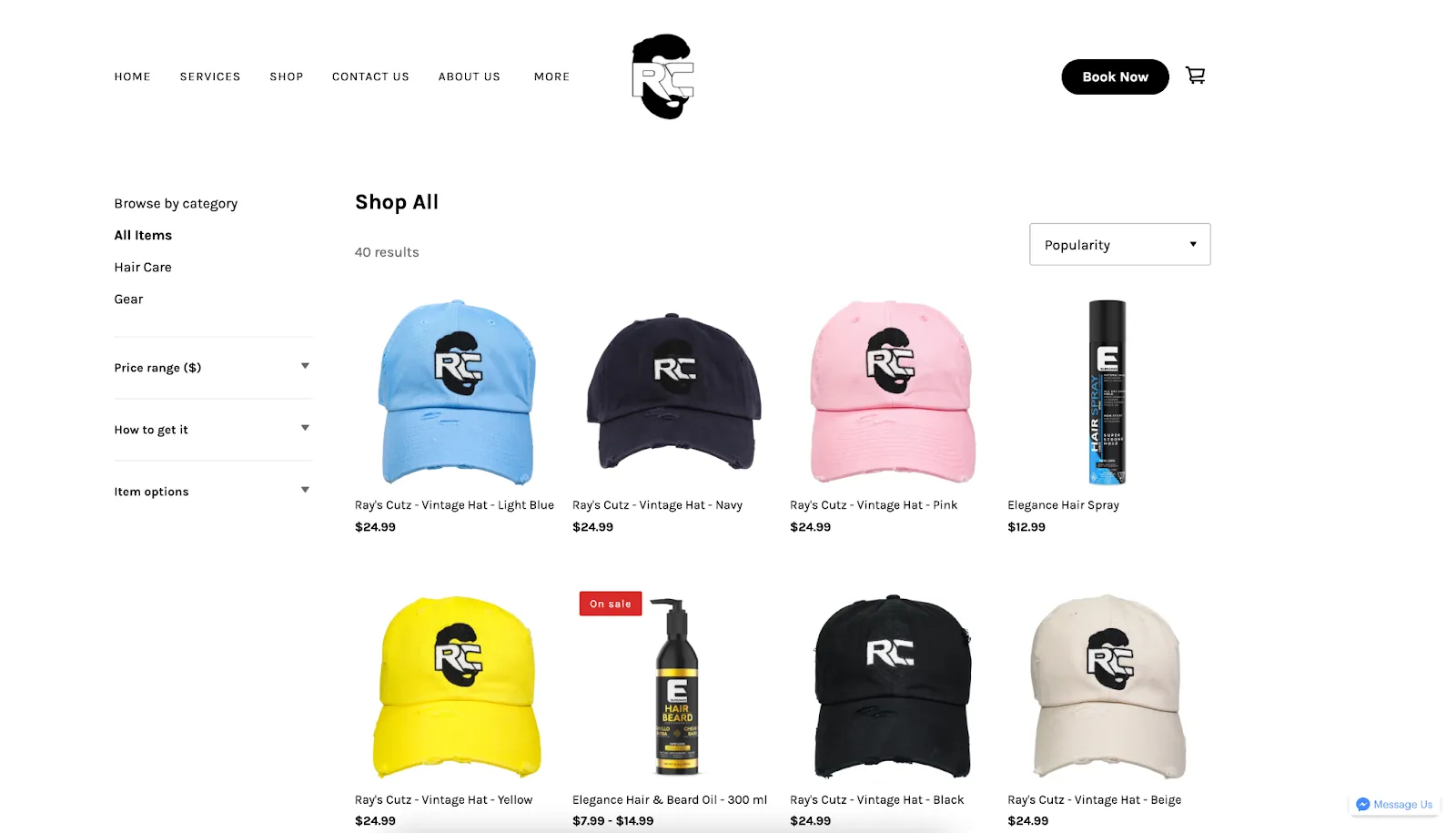 Ray's Cutz merchandise page - beauty website features