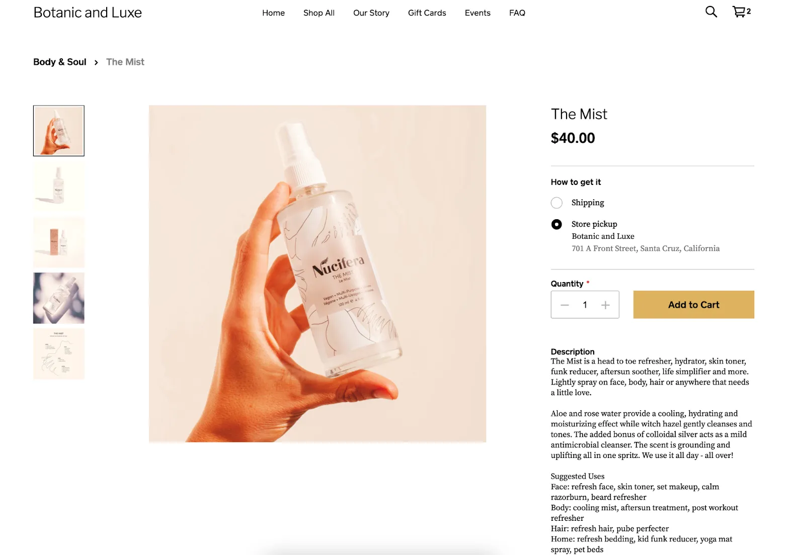 Botanic and Luxe product page - wellness website features