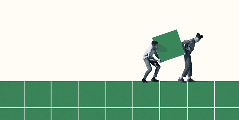 A graphic of a man and a woman walking across green blocks, working together to carry a green block of their own