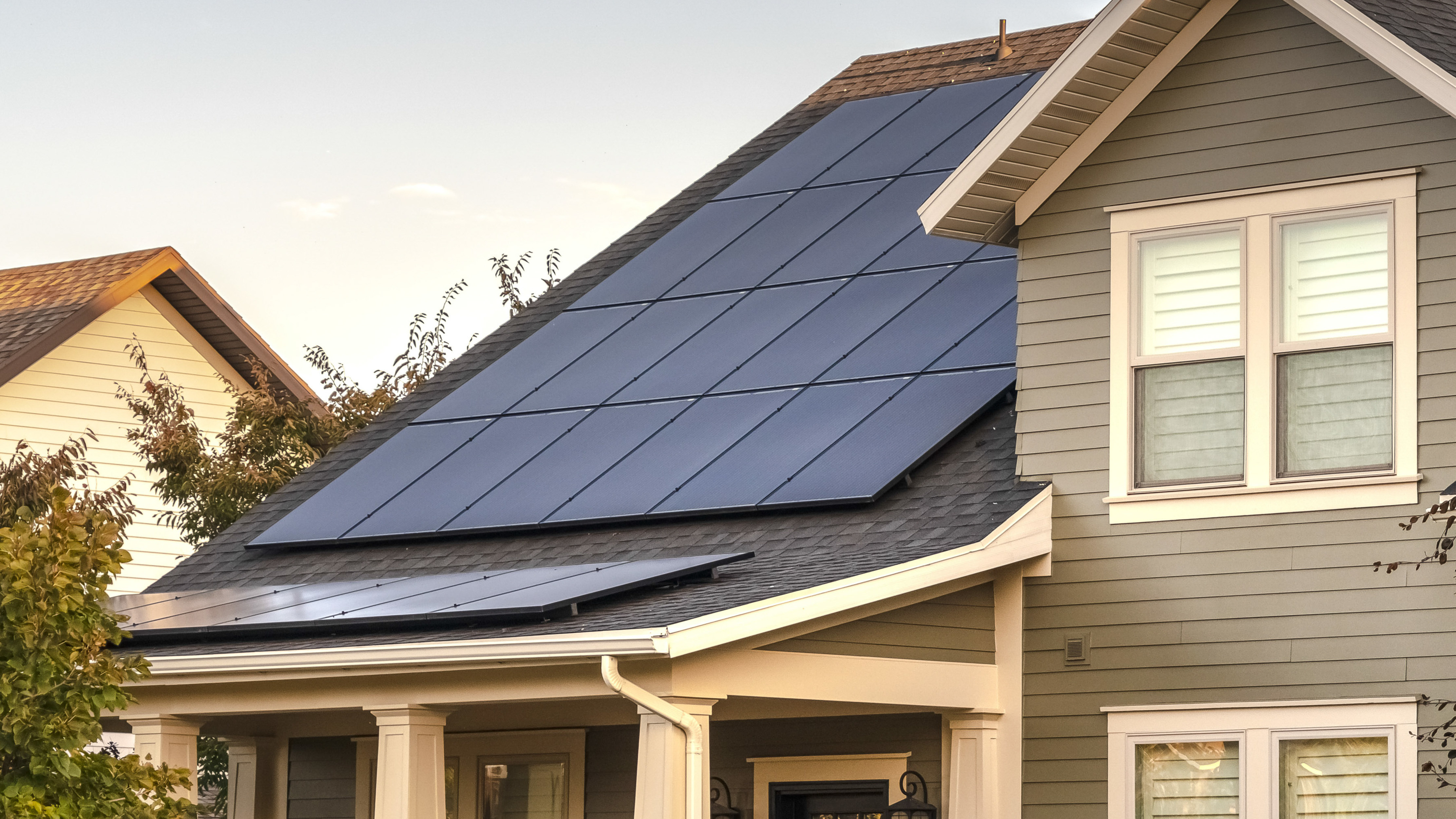 Panorama frame Solar photovoltaic panels on a house roof