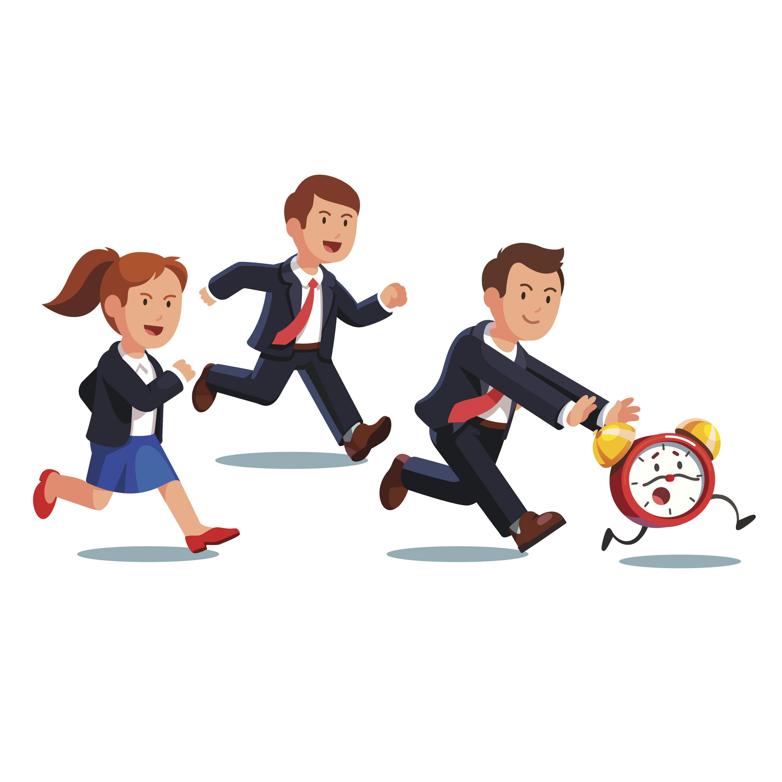 Late business man and woman team chasing deadline time in a rush hour. Businessman and businesswoman running after animated alive clock with legs. Flat style vector illustration.
