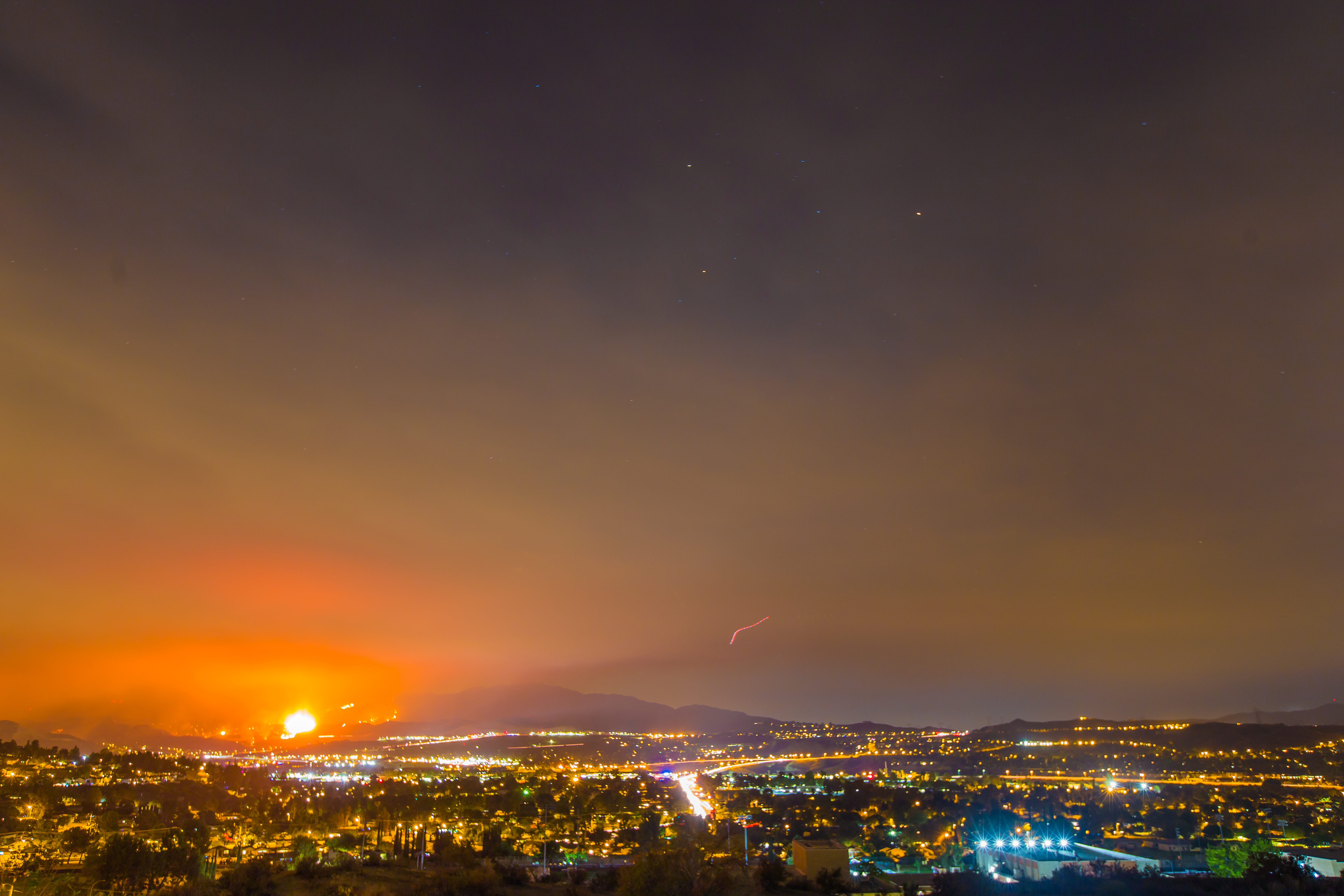 Night long exposure photograph of the Santa Clarita wildfire