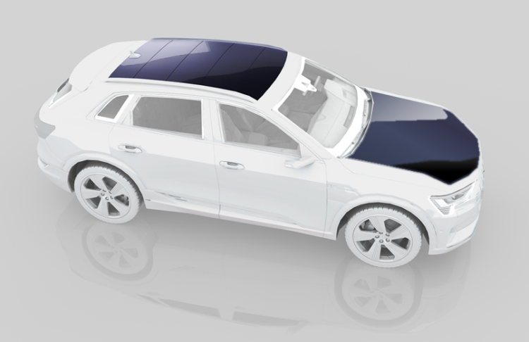 Conceptual image of Cu₂O/Si tandem solar cells installed on an EV