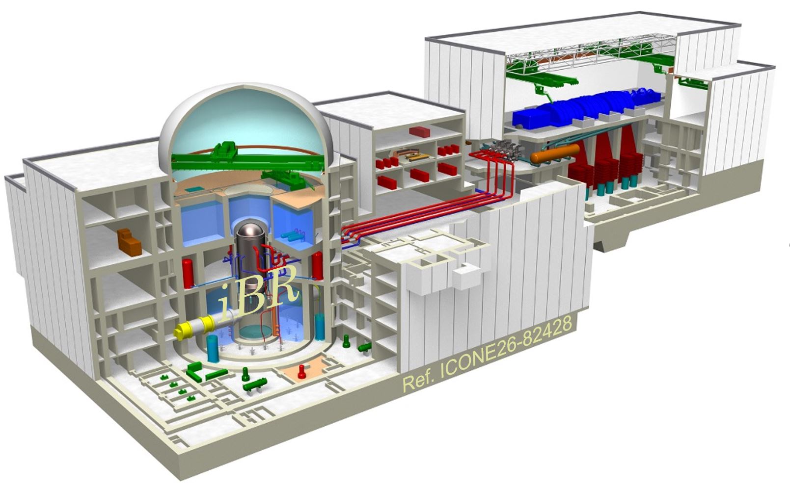 革新軽水炉（iBR）の全体概略図。静的安全システムや、水素を閉じ込める大容量の二重円筒格納容器など、地域社会と共生を可能とする革新的安全性能に加え高い電気出力と経済性と実現。