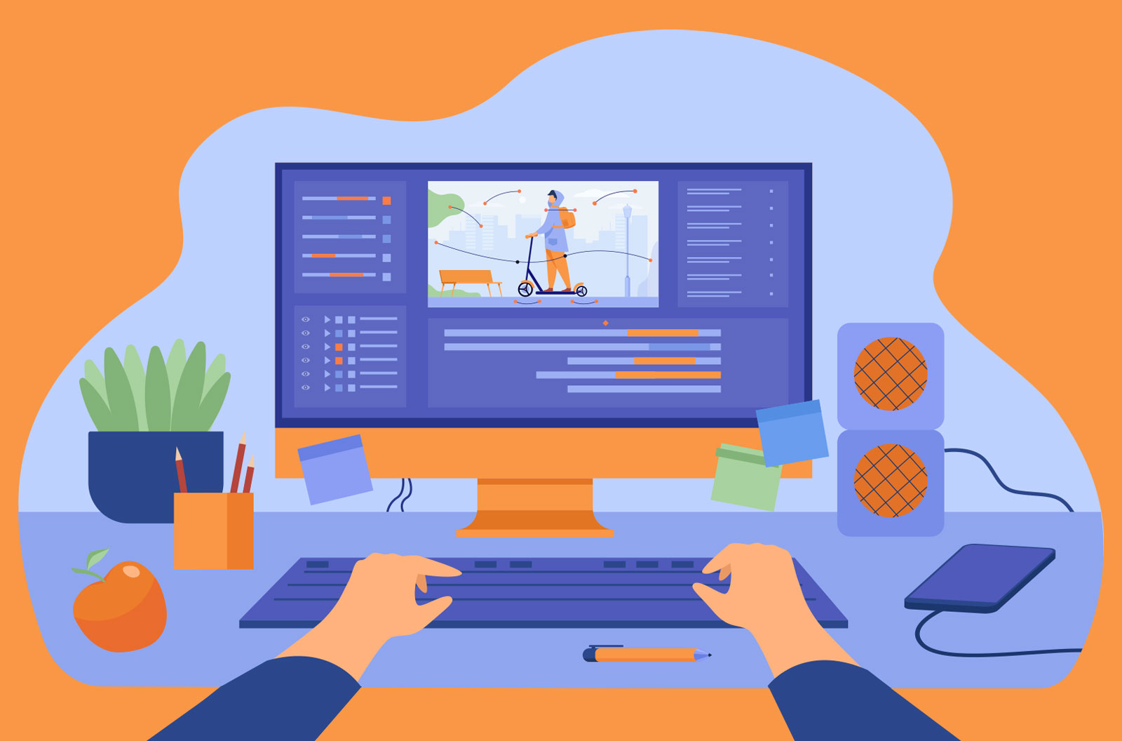 Blue and Orange infographic of a person video editing.
