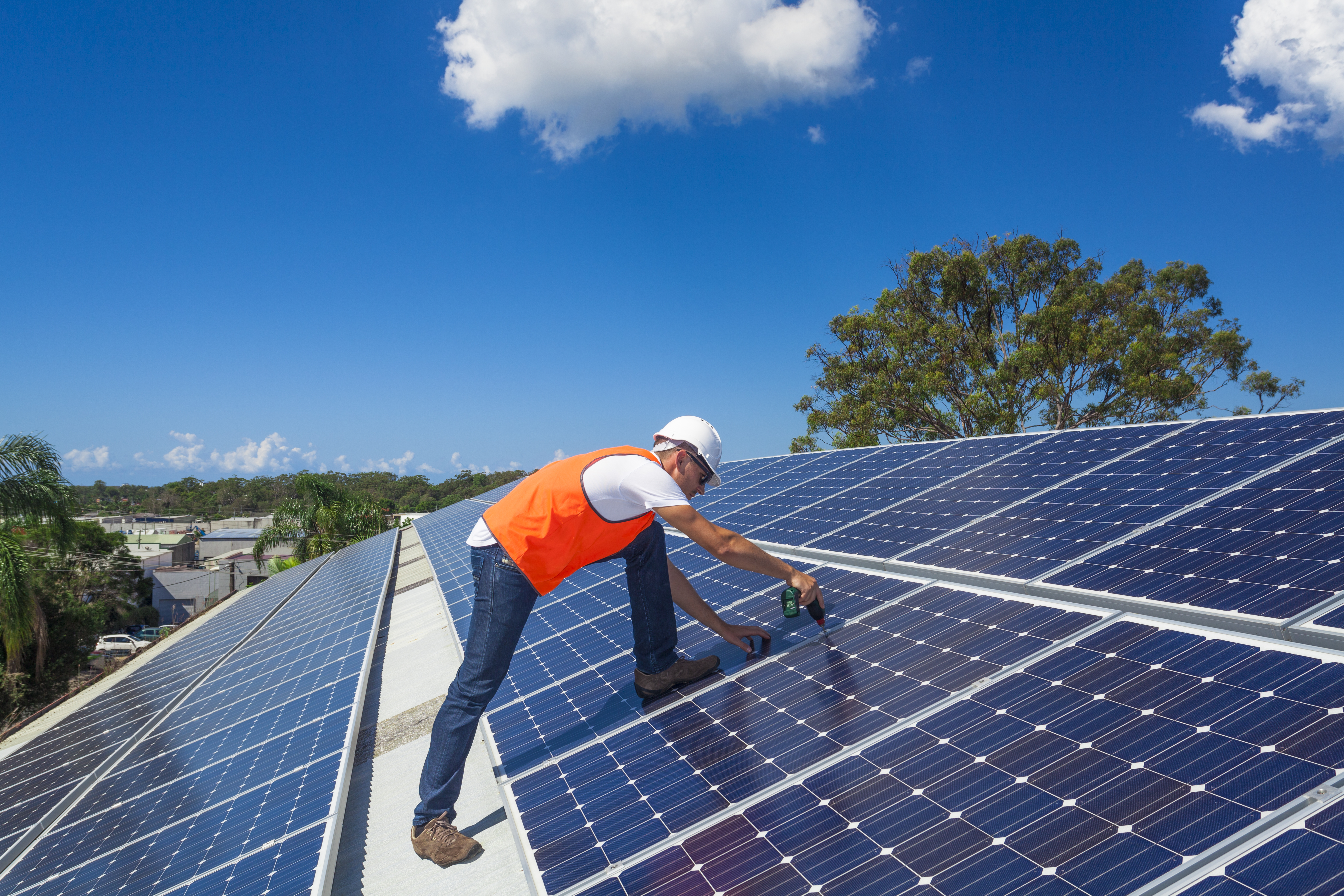 Solar panels with technician