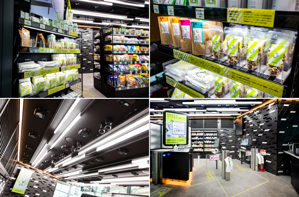 Inside the unmanned store. Weight sensors in display shelves and ceiling cameras automatically recognize products customers select and take payment at self-service checkouts. 