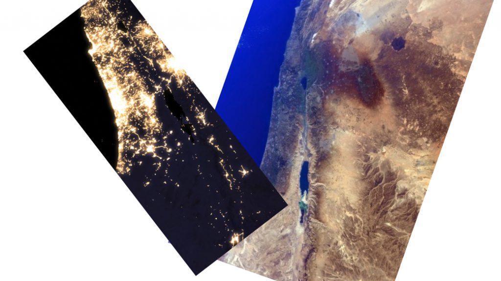 イスラエルの昼と夜の衛星写真