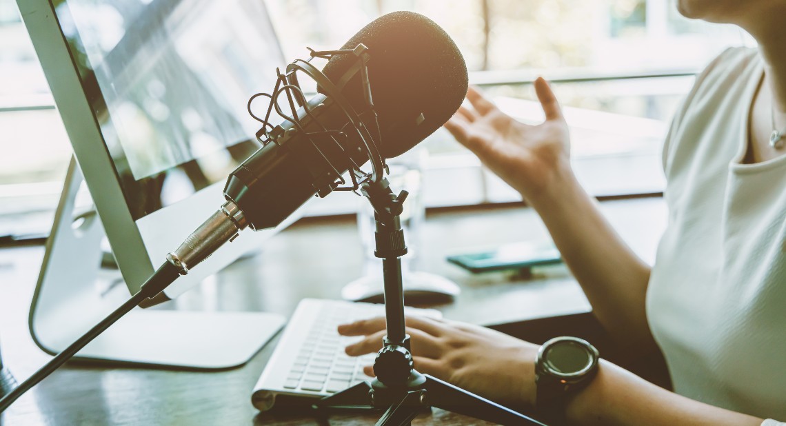 People working at home for making internet radio broadcasting channel live streaming talking meeting or discussion closeup condenser microphone.