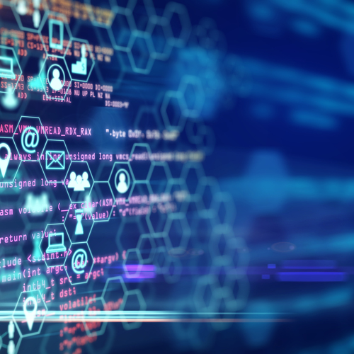 Creative digital blue business interface on blurry background. Innovation and science concept. 3D Rendering