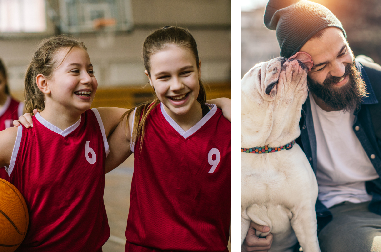 Two side-by-side pictures, one showing two friends embracing while playing basketball and the other a man with his dog.