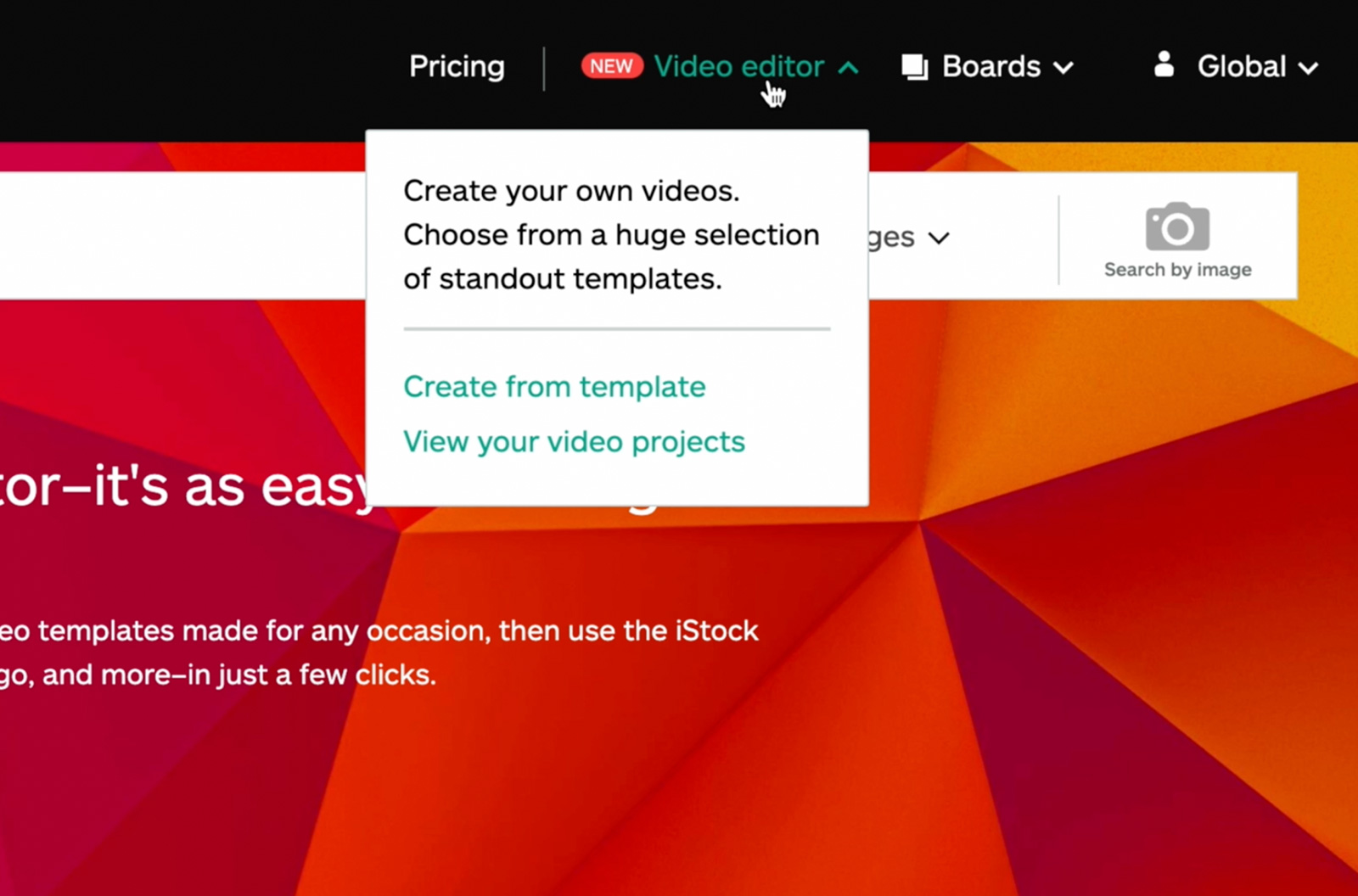 iStock's homepage is shown with the cursor hovering over the [New] Video editor button.