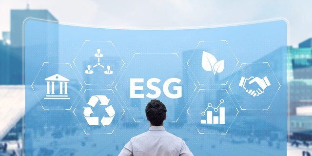 ESG Environmental Social Governance sustainable development and investment evaluation. Green ethical business preserving resources, reducing CO2, caring for employees. Consultant in management.