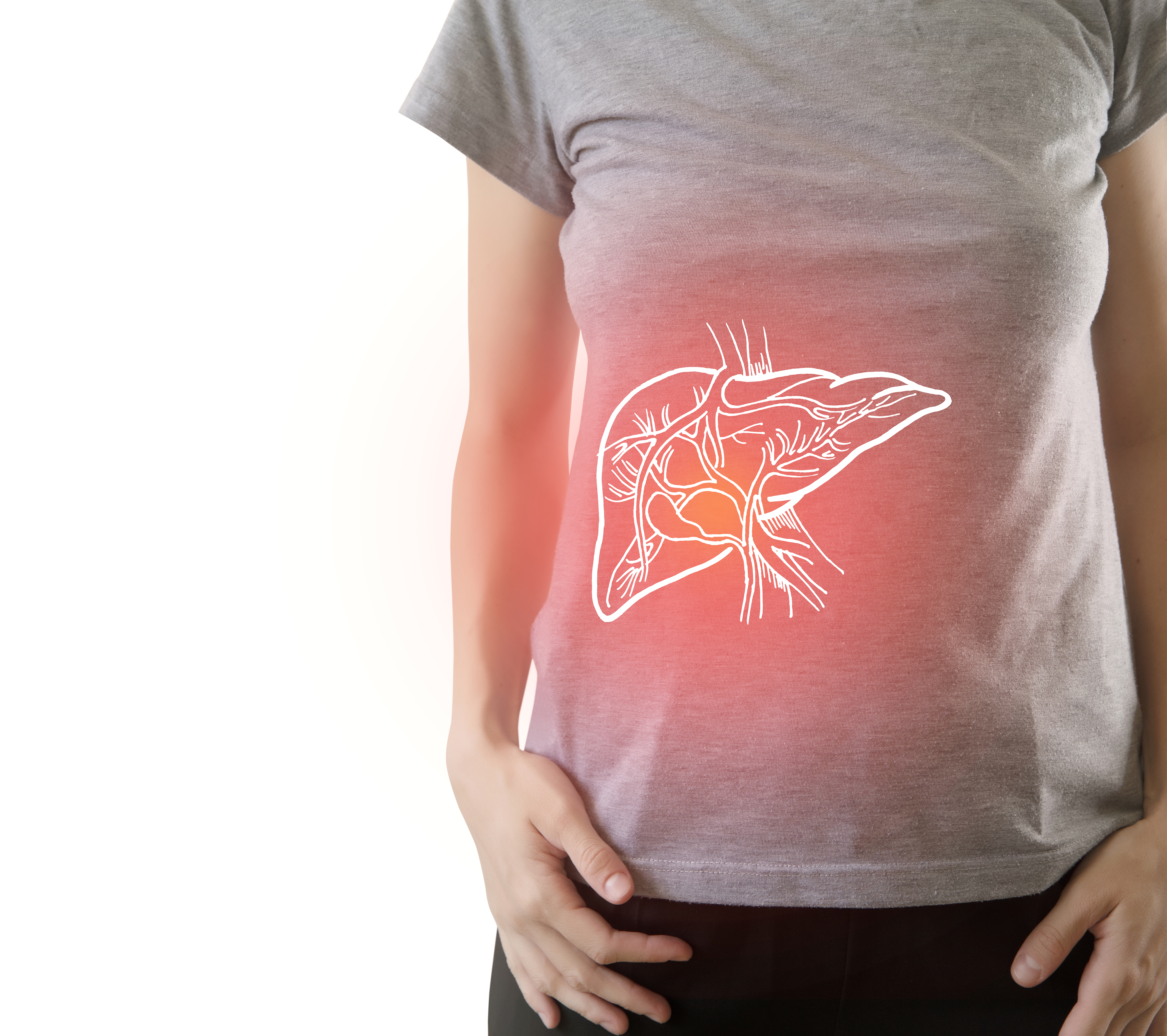 Digital composite of highlighted painful  liver of woman / healthcare & medicine concept