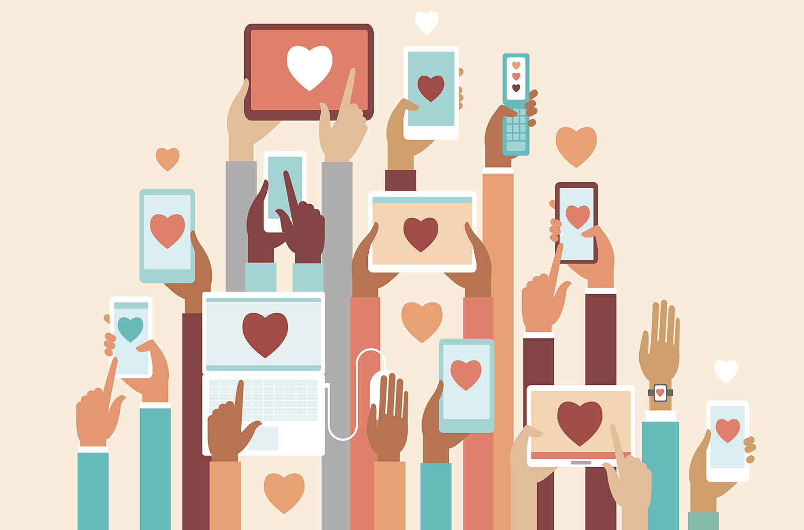 Vector illustrations of hands holding mobile devices and liking posts on social media.