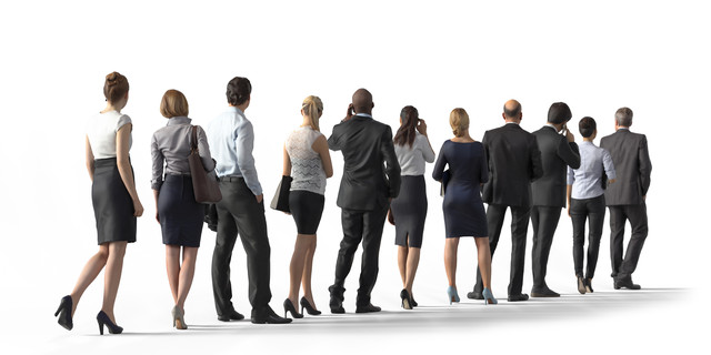 Back view of standing business people. Illustration on white background, 3d rendering isolated.